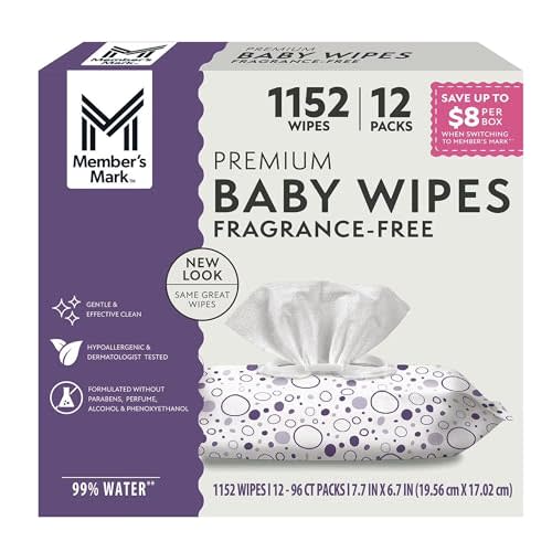 Member's Mark Fragrance Free Baby Wipes (Netcount 12 Pack 96 Wipes in Each), 12Count ()