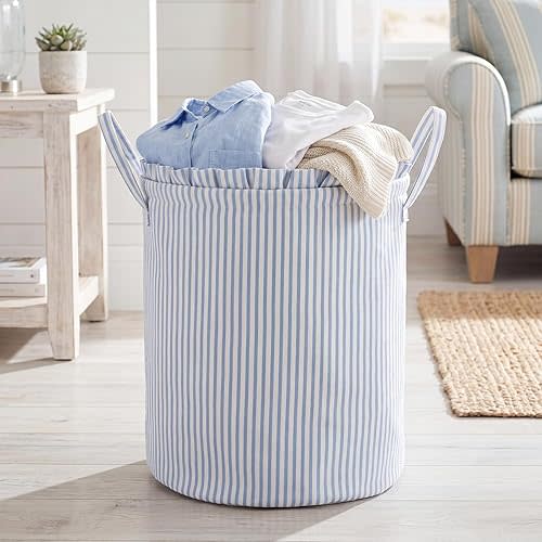 Singhoow Blue Coastal Laundry Basket Blue Striped Laundry Hamper with Handles Scallop Watercolor Clothes Basket Storage Bin for Blankets, Nursery Hamper for Clothes, in Bathroom, Living Room, Bedroom