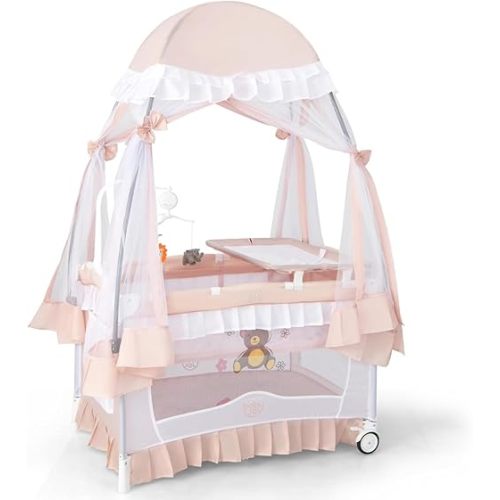 BABY JOY 4 in 1 Pack and Play with Canopy, Portable Baby Playard with Bassinet, Double-Layer Baby Crib, Wheels & Brake, Foldable Baby Girl Pink Bassinet from Newborn to Toddler