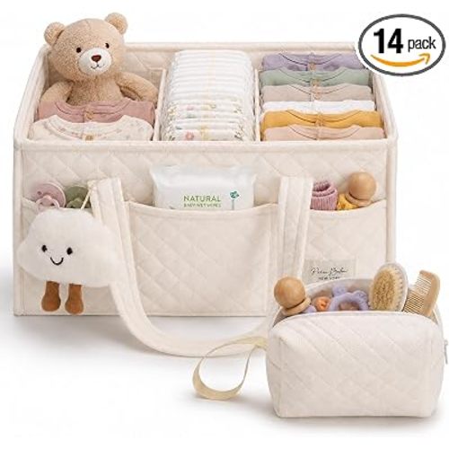 PeraBella Baby Diaper Caddy Organizer, Baby Basket Shower Gift, Portable Changing Table Basket, Postpartum Caddy & Tote Bag Pouch, Newborn Boy & Girl Nursery Essentials Registry, Car Diaper Organizer
