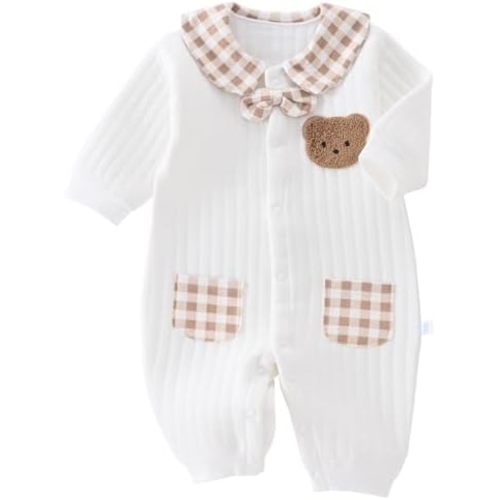 Boy Cotton Romper with Bowtie,Newborn Long Sleeve Unisex Bear Onesie,Baby Boy & Girl Warm Clothes