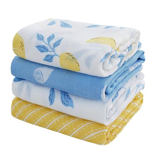 Viviland Muslin Swaddle Blankets, Swaddle Wrap for Boys and Girls, Breathable and Skin-Friendly Baby Receiving Blankets, Baby Essentials, 4-Pack Lemon & Leaves, 47 x 47 inches