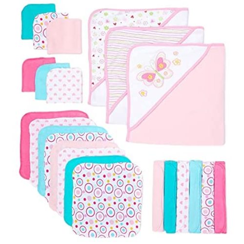 Spasilk Bath Hooded Towels & Washcloths Set for Babies, 23-Piece Gift Set, White Butterfly
