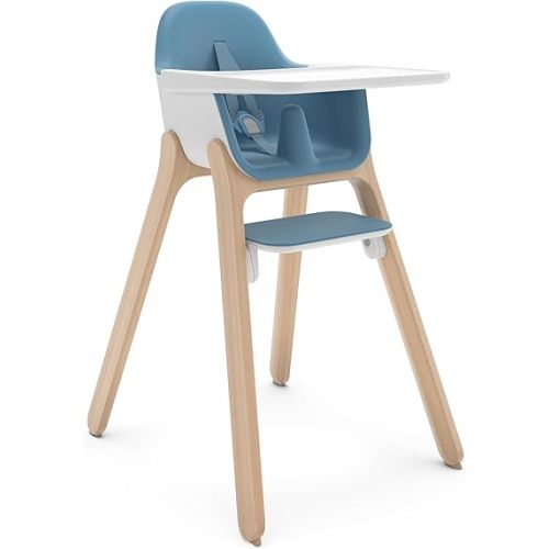 UPPAbaby Ciro High Chair/Sleek, Easy-to-Clean Design/Perfect-Fit Tray to Bring Baby to Table/Patent-Pending Harness/Dual-Position, 180-Degree Rotating Footrest/Caleb (Steel Blue/Rubberwood)