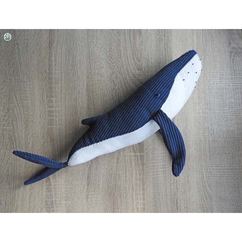Handmade big stuffed Humpback whale in navy-blue corduroy and light gray cotton