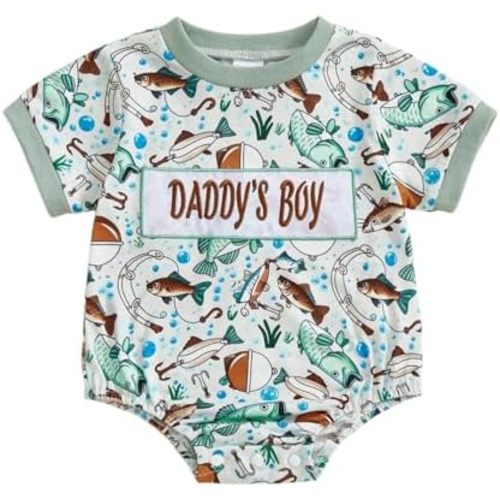 Newborn Infant Baby Boy Fishing Outfit Letter Embroidery Short Sleeve Round Neck Jumpsuit One Piece Romper