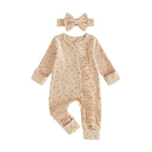 Socutebabe Newborn Baby Girl Fall Winter Clothes Coming Home Outfit Ruffle Romper Cute Ribbed Knit Jumpsuit Headband