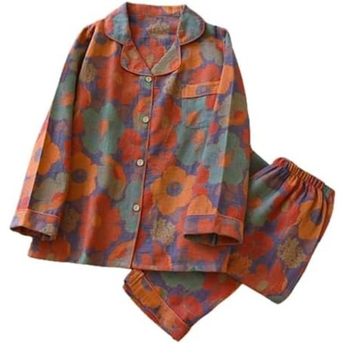 Ginkgo Leaf Lapel Neckline Button Colorful Floral Pure Pajama, Pajama Two Piece Set Long Sleeve Loungewear Set