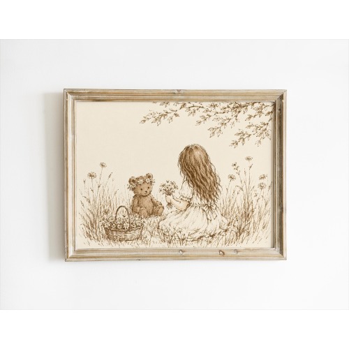 Teddy Bear Nursery Wall Art, Vintage Girl Nursery Print, Teddy Bear and Girl Art, Neutral Nursery Decor, Storybook Nursery Wall Art
