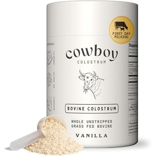 Cowboy - The Exclusive 1st Milking, Whole, Grass Fed Colostrum Supplement for Full Body Health - Bovine Colostrum Powder Packed w/Bioactive Nutrients - Sugar Free (Vanilla, 40 Servings)