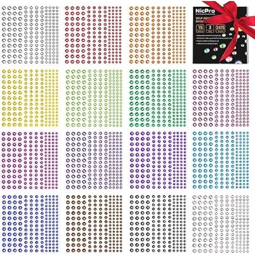 Rhinestone Stickers 2475 PCS, Nicpro Self Adhesive Face Gems Stick on Body Jewels Crystal in 3 Size 15 Colors,15 Embellishments Sheet for Decorations Crafts Nail Makeup