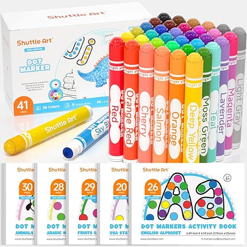 Shuttle Art Dot Markers, 36 Colors Washable with 135 Activity Sheets, 5 Activity Books, Fun Art Supplies for Kids Toddlers and Preschoolers, Non Toxic Water-Based Paint Daubers, Dot Art Markers