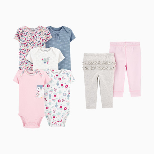 Carter's Short Sleeve Bodysuit with Pant Set - Assorted Blue/Pink Owl & Cacti/Light Pink/Grey Ruffle, 6 M