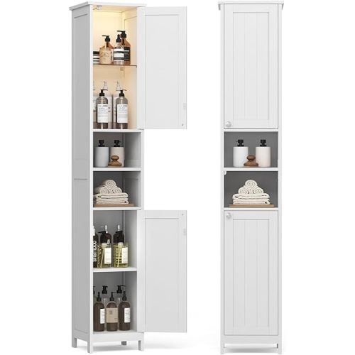 VASAGLE Tall Bathroom Cabinet with Lights, Slim Freestanding Bathroom Storage Cabinet with Adjustable Shelves, for Small Spaces, Modern, 11.8 Inches Wide, Cloud White UBBC566W02