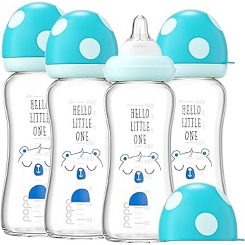 YOHKOH Natural Glass Baby Bottle with Level 2 Medium Flow Nipple, Newborn Anti-Colic Baby Bottles, Wide Neck Mushroom Baby Glass Bottle (8.8ounce (Pack of 4), Blue1)