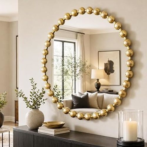 Madison Park Round Mirror, Metal Frame Circle Mirror 27 inch, Wall Art Decor Mounted Hanging for Entryway, Bathroom, hallway, Living Room, Vanity, Marlowe, Gold