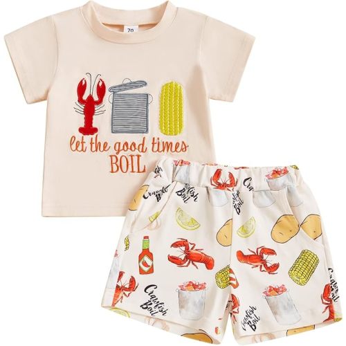 Toddler Baby Boy Summer Clothes Short Sleeve Letter Print T Shirt Tops + Elastic Shorts Infant Casual Outfit Set