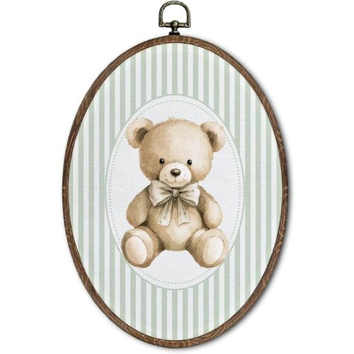 FLAWAFLOMA Vintage Bear Nursery Oval Wall Art Decor, Kids Room Canvas Wall Art Framed, Retro Bear Hanging Decorations for Kids Toddler Boy Girl Bedroom Nursery Room Decor, 8.6x11.4 Inch