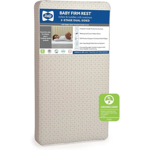 Sealy Baby Firm Rest Antibacterial 2 Stage Waterproof Crib Mattress plus Toddler Bed Fit, 204 Steel Coils, Non Toxic, GREENGUARD Gold Certified, Safety & Quality Tested, Made in USA, 52X28' Gray