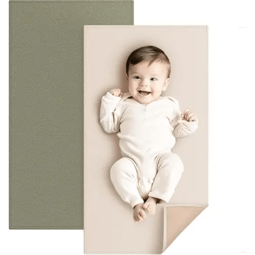 Konssy Faux Leather Baby Changing Mat, Waterproof, Wipeable & Portable Diaper Changing Pad for Travel or Home, Fits Perfectly in Diaper Bag, 30 x 17 inches (Fog Green,Beige)