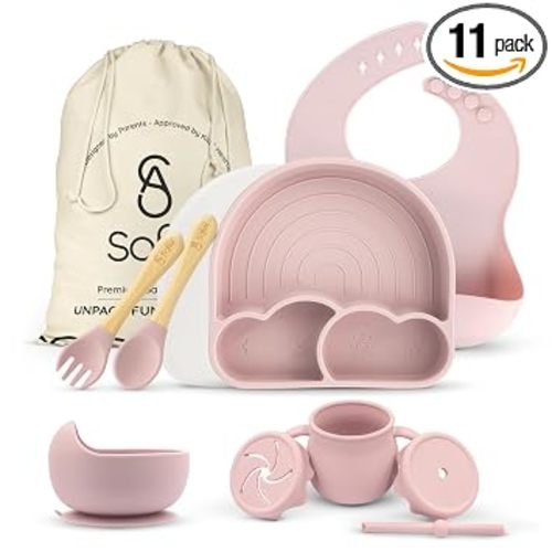 BPA-Free Non-Toxic Silicone Baby Feeding Set – Suction Plate, Bowl, Bib & Cup – 11-Piece Baby Led Weaning Set for Ages 6-18 Months – Eco Gift Bag (Rose Pink)