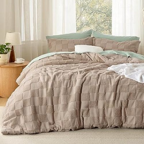 Bedsure California King Size Comforter Set Khaki, Boho Tufted Bed Set, Checkered Farmhouse-Style Distressed Vintage Bedding, 3 Pieces, 1 Plaid Geometric Comforter and 2 Pillow Shams