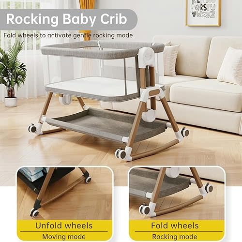 Baby Bassinet Bedside Sleeper with Mattress, 6-Level Height Adjustable Co Sleeper Bassinet, Rocking Baby Crib with Mosquito Net, 360° Wheels & Storage Basket – Premium Linen & Metal Frame