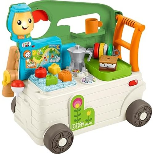 Fisher-Price Baby to Toddler Toy Laugh & Learn 3-in-1 On-the-Go Camper Walker & Activity Center with Smart Stages for Ages 9+ Months, Tan/Green