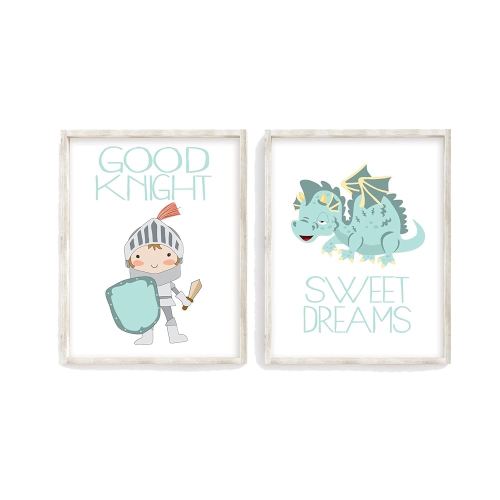 Good Knight Sweet Dreams Knight and Dragon Nursery or Little Boys Rooms Decor Set of 2 Unframed Prints