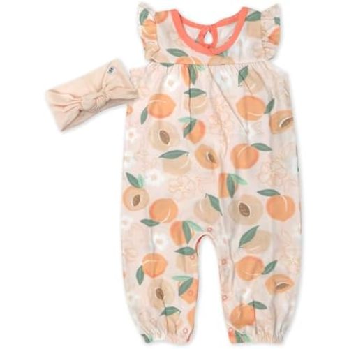 HonestBaby Baby Girls 2-piece Outfit Romper & Headband Set, Just Peachy