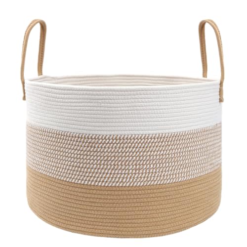 JMvicyroam 65L Extra Large Machine Washable Cotton Rope Blanket Basket | Collapsible laundry hamper, Reinforced handles, For blankets,pillows,toys and clothes, Living room and bedroom,White&Jute Mix