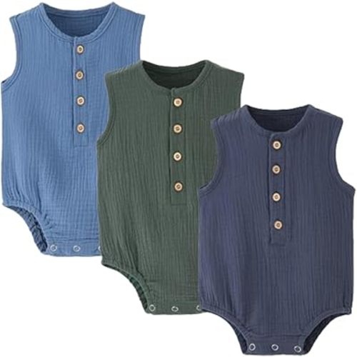Baby Boy Romper 3 Pack Sleeveless Cotton Linen Tank Top Bodysuit
