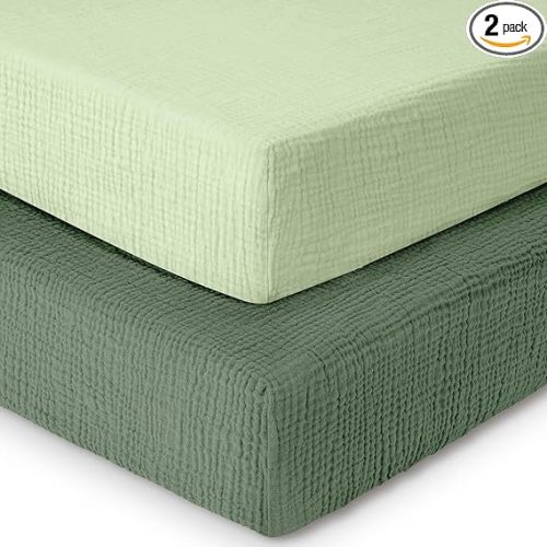 Dreamology Mini Crib Sheets,100% Muslin Cotton Crib Sheets,Pack n Play Sheets,Muslin Cotton Crib Sheet Fitted for Girls and Boys, Pack and Play Sheets, 24x38 Mini Crib Sheet | Green and Light Green