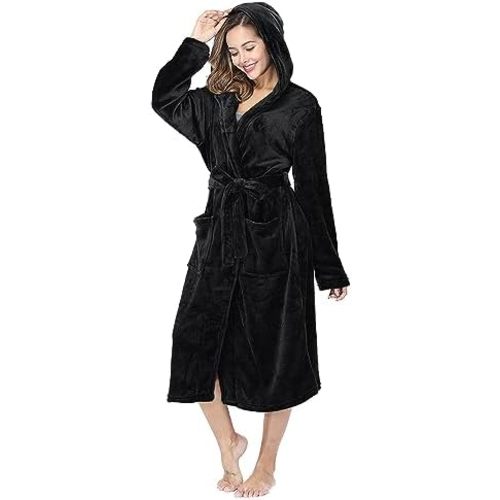 RONGTAI Womens Robes Plush Fleece Hooded Bathrobe Thick Nightgown with Pockets Fluffy Sleepwear