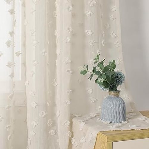 MYSKY HOME Beige Sheer Curtains for Bedroom Living Room with Pom Pom 84 Inches Long Light Filtering Cream Boho Drapes for Girls Nursery Kids Room Window, Rod Pocket, 52" Wide, 2 Panels