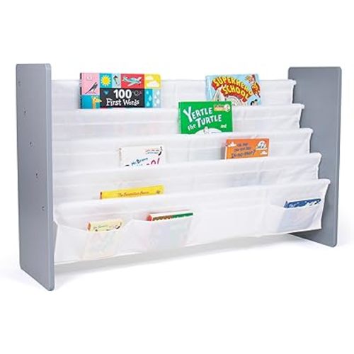 Humble Crew Inspire Extra Large Kids 4-Tier Bookrack with 4 Front Pockets, Toddler Bookshelf Organizer for Small & Large Books, Front-Facing Display Storage, Grey/White, for Nursery & Playroom