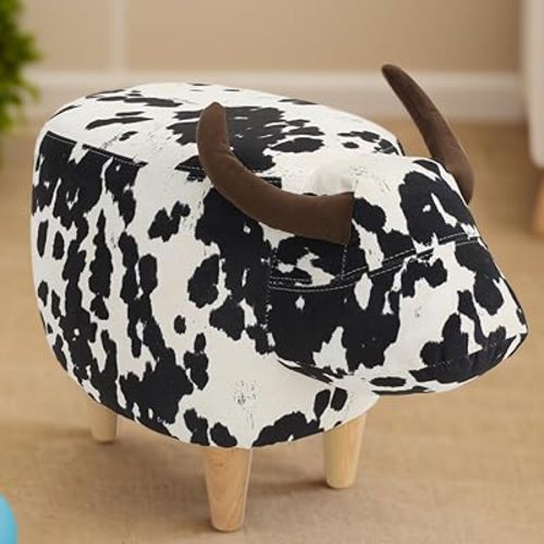 Velvet Cow Ottoman Foot Rest, Cute Wood Foot Stool, Kids Ottoman Suitable for Home, Entrance, Living Room, Bedroom, Nursery, Funky Furniture (White + Black)