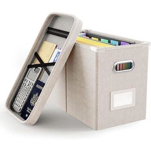 Oterri File Organizer Box with Lid, Hanging Filing File Box with Mesh Pocket, Document Organizer Box for Letter Files, Portable Storage Box with Smooth Sliding Rail for Office&Home (1 PCS, Beige)
