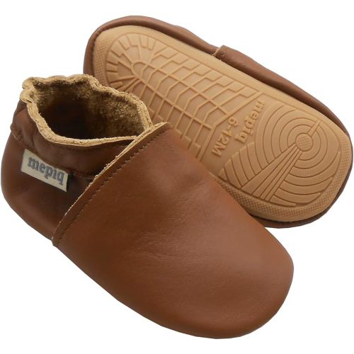 Soft Leather Slippers Baby Moccasins with Rubber Sole, Anti-Slip Infant Toddler First Walking Shoes for Boys Girls, 0-24 Months