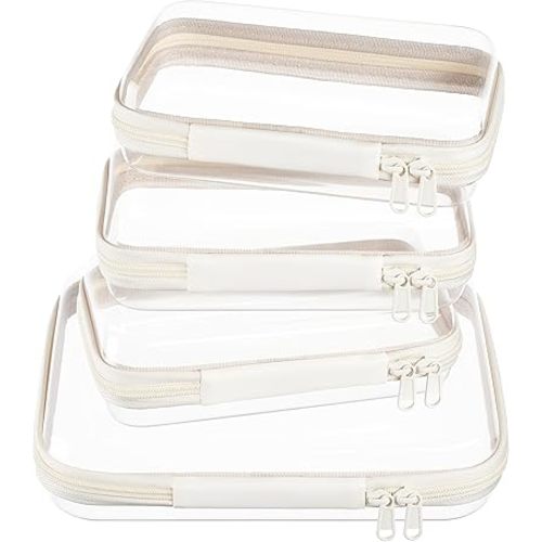 4 pcs Clear Zipper Pouches,Hard Shell Zipper Case, Toiletry Bag for Travel, CLear Diaper Bag, Toiletry Pouch, Travel Organizer, Cosmetic Bag,Toy Storage Bins (M+3S)(Ivory)