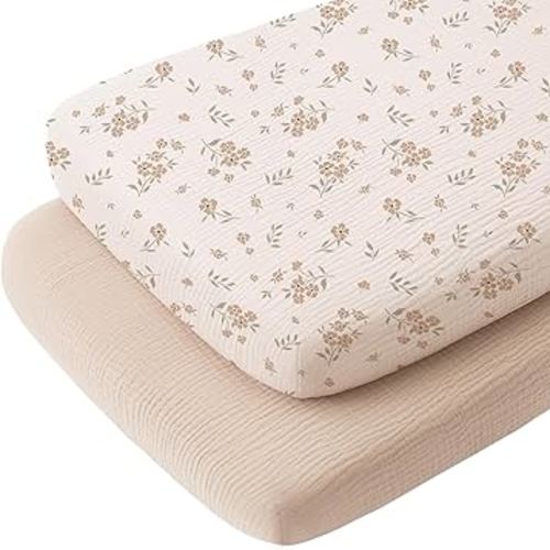 Konssy Muslin Fitted Bassinet Sheets 2 Pack for Baby Girl Boy, Soft Bedside Sleeper Bassinet Sheets Fit for Baby Bassinets, Moses Basket Oval Rectangle Pad/Mattress