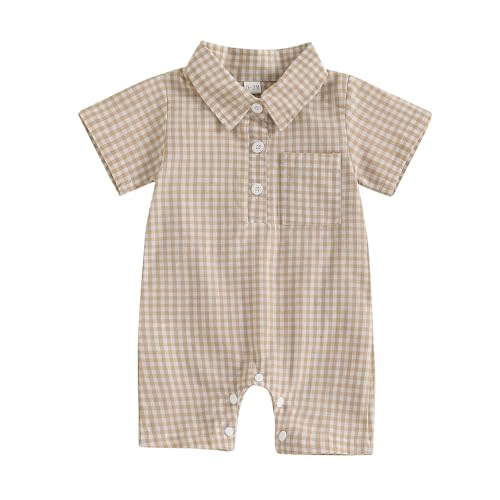 Karuedoo Newborn Baby Boy Clothes Gingham Short Sleeve Collared Romper Jumpsuit Plaid Button Down Bodysuit Summer Outfit