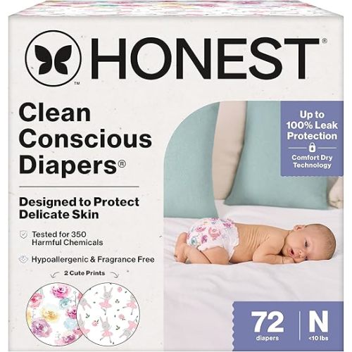 The Honest Company Comfort Dry Disposable Diapers for Sensitive Skin, Hypoallergenic, Rose Blossom + Tutu Cute, Club Box Size Newborn 72 Count