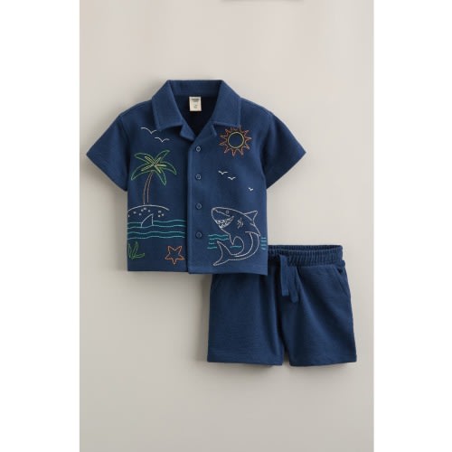 Embroidered Knit Shirt & Shorts Set