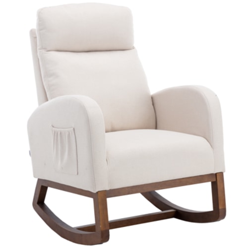 PAPROOS Rocking Nursery Chair, Linen Fabric Glider Chair with Wood Legs and Side Pocket, High Backrest Rocker Accent Chair Upholstered Armchair for Living Room, Beige