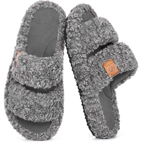 EverFoams Womens Fuzzy Open-toe Slippers Soft Comfy Memory Foam Indoor House Shoes