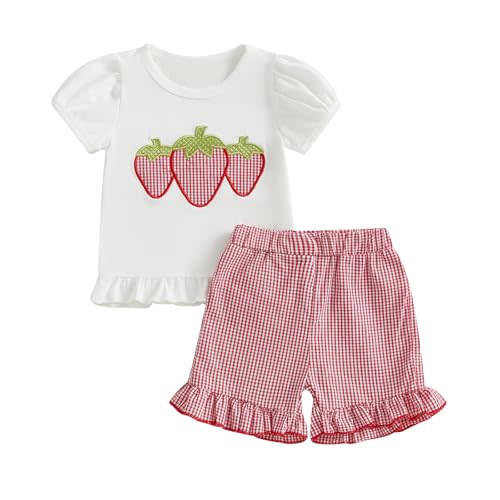 fhutpw Toddler Baby Girls Summer Clothes Smocked Short Sleeve T-Shirt Tops Ruffled Plaid Short Sets Cute Outfits 2Pcs