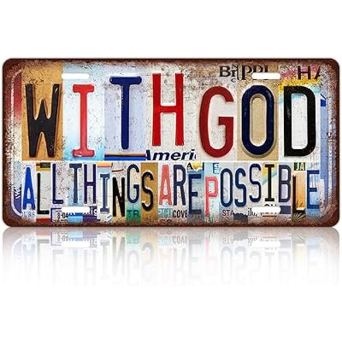 Vintage Inspirational Wall Decor With God All Things Are Possible License Plate Christian Metal Sign Tin Signs Poster