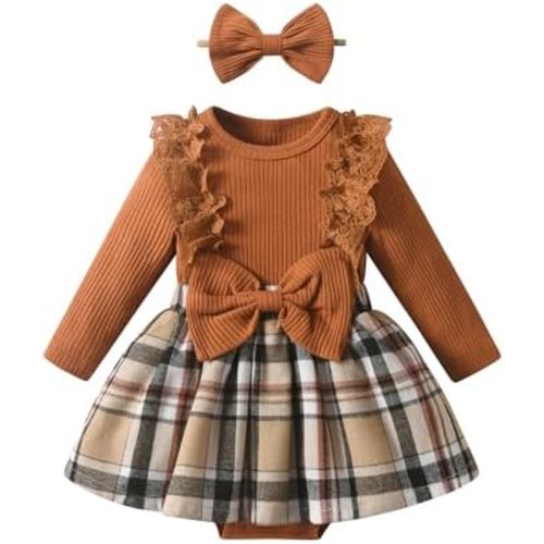 Elspilit Newborn Baby Girl Romper Dresses Clothes Set Long Sleeve Plaid Skirt Bow Overall Bodysuit Headband 2PCS Outfit