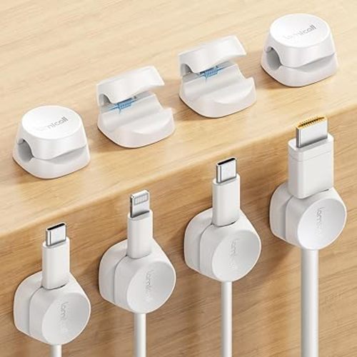 8Pack Cord Organizer [1s Lock] Spring Cable Management Clips - Lamicall Desk Organizer Cord Holder, Adhesive Cable Clips, Phone Charger Wire Keeper for Nightstand Car Office Desk Accessories, White